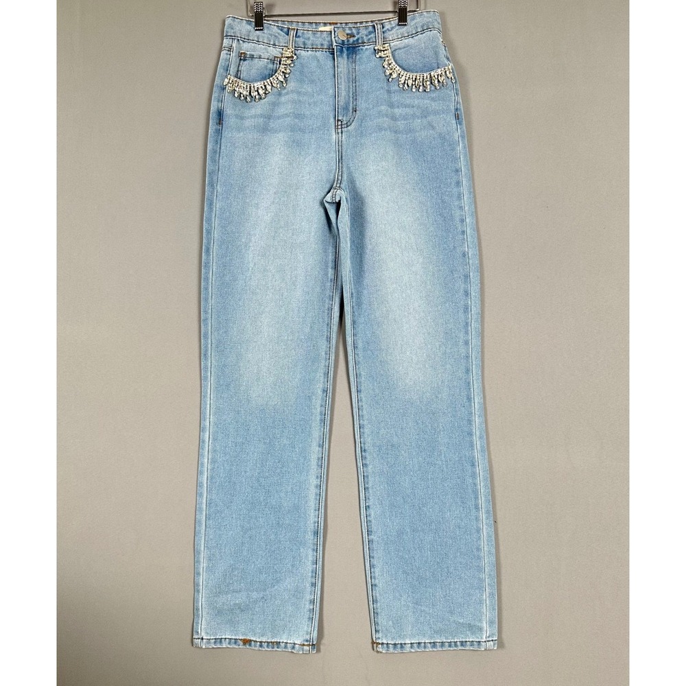 TGLA Womens High Rise Straight Leg Rhinestone Fringe Jeans Light Wash Size 27
